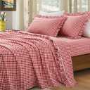 KKJIAF 3 Pieces Plaid Ruffle Twin Bed Sheets, Cotton Gingham Twin Sheet Set Linen Feel Comfy Breathable Ruffed Bed Sheet Set with 16 Inch Deep Pocket, Red