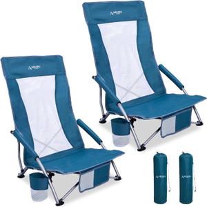 ARURU Low Beach Chairs for Adults 2 Pack High Back,Folding Portable Sling Beach Camping Chair with Cup Holder,Lightweight Foldable Camp Lawn Chair for Outdoor Sand Concert Travel Sport Events, Dark Blue