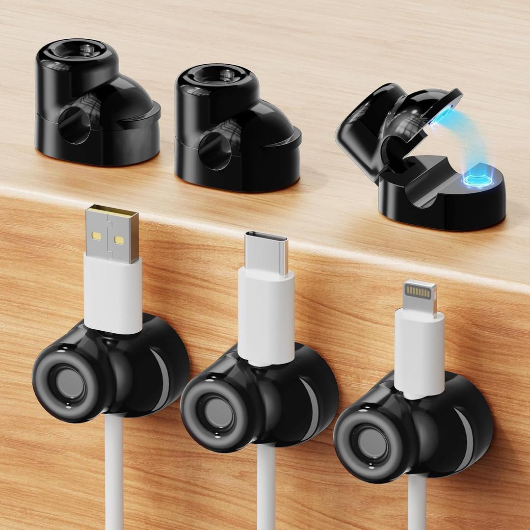 7 x 6 Pack Magnetic Cable Clips, Smooth Adjustable Cell Phone Cord Holder with Shoe-Shaped, String Light Clips for Home, Office, Wall, Nightstand, Birthday Banner, Colorful Lights-Black