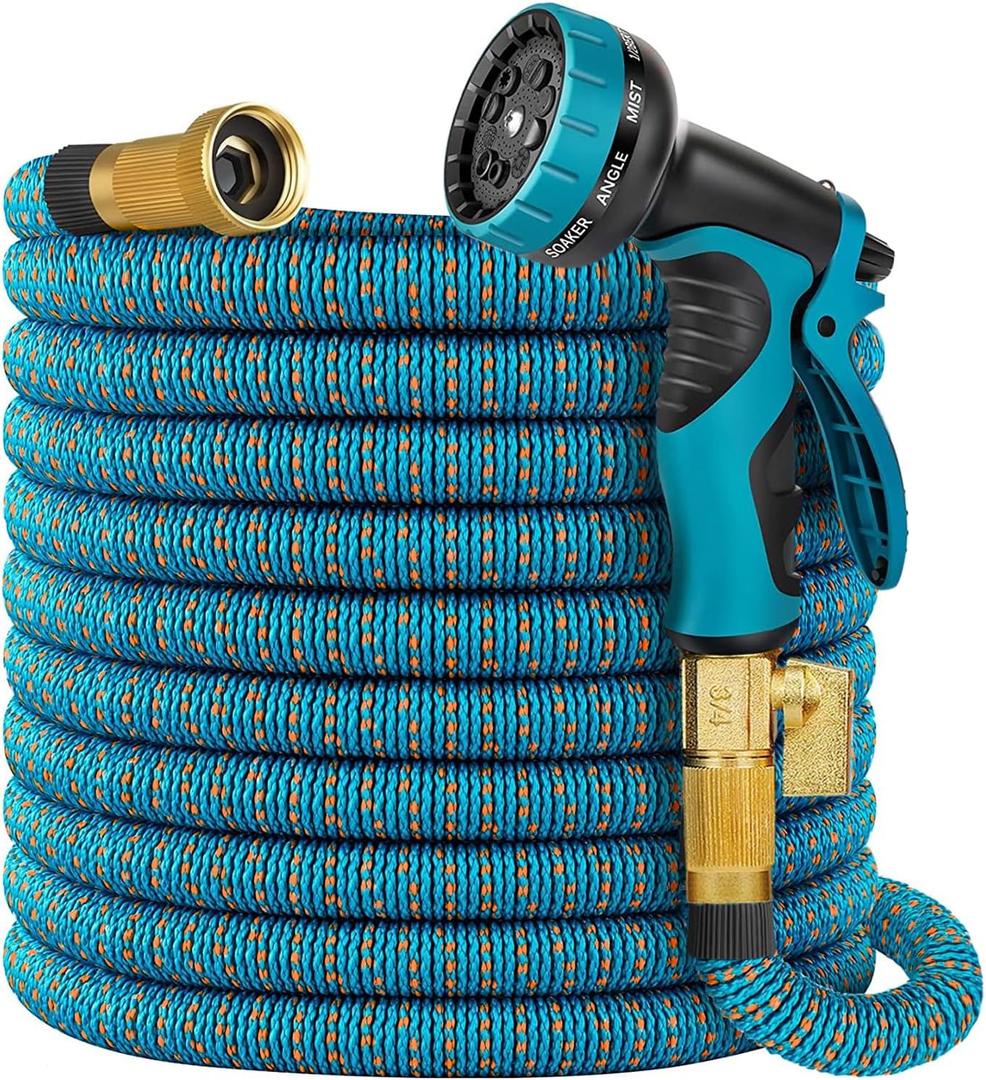 100 ft Expandable Garden Hose, 2025 New Retractable Water Hoses 100ft with 10 Function Spray Nozzle, Solid Brass Fittings, Extra Strength Fabric, Flexible Expanding Latex Core, Lightweight & No Kink