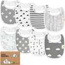 8-Pack Organic Baby Bibs for Boys, Girls - Soft Cotton Drooling and Teething Bibs for Baby Girl & Boy, Extra Absorbent, Easy To Clean & Put On for Toddler, Newborn, Infant 0-24 Months (Grayscape)