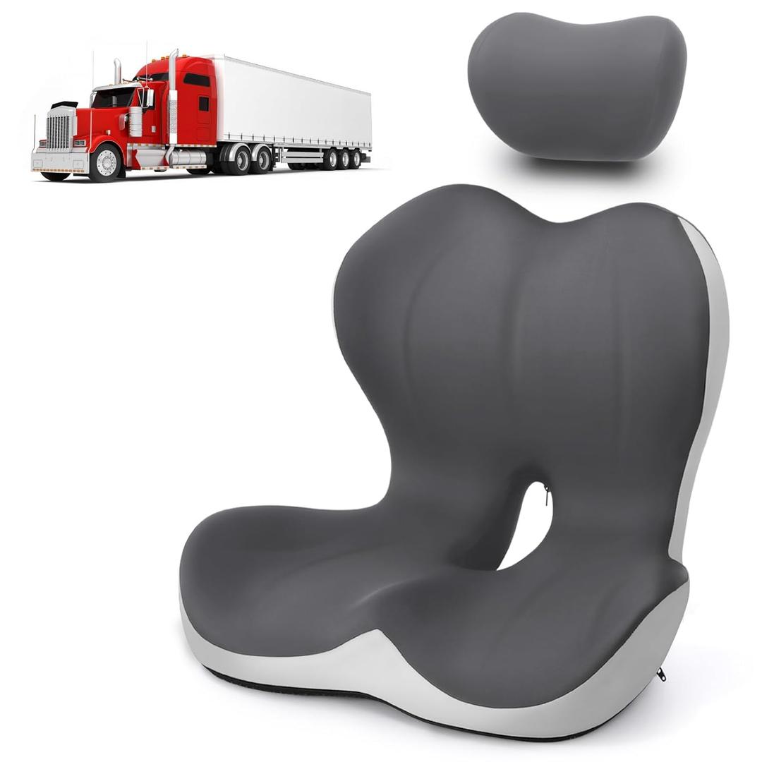Truck Seat Cushion and Headrest 2-in-1 Set for Truck Driver, Lumbar Support Car Cushions for Long Haul Driving, Memory Foam for Semi Truck & Big Rig, Ergonomic Relief for Back & Sciatic Pain