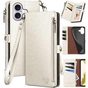 XcaseBar Compatible with iPhone 16 Plus 6.7" Wallet case with Zipper Credit Card Holder【RFID Blocking】,Flip Folio Book PU Leather Phone case Shockproof Cover Women Men for Apple 16 Plus case White