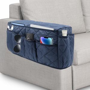 Remote Control Holder, Non Slip Bedside Armchair Caddy, Recliner Arm Caddy Armrest Organizer with 14 Pockets for Cell Phone TV Remote Control Magazines, Dark Blue