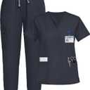 Scrubs for Women Set, Stretchy V-Neck Top & Jogger Pants with Multi-Pocket Yoga Waistband, XL