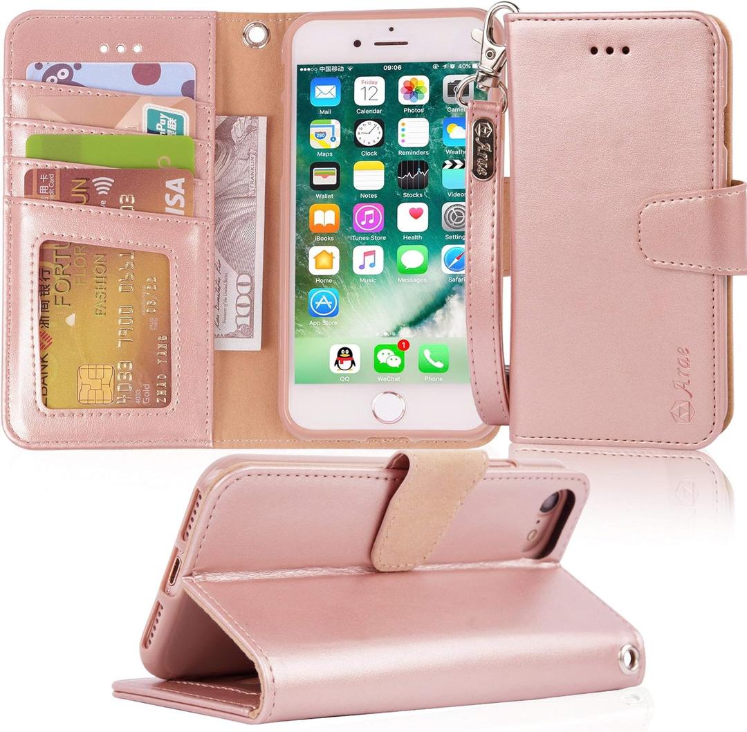 Arae Case for iPhone SE 2022 / iPhone SE 2020 / iPhone 8 / iPhone 7, Wallet Case with Card Holder PU Leather Flip Cover, Rose Gold