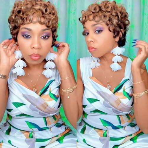 ShowReal Pixie Cut Wigs for Black Women Pin Curls Short Pixie Wigs Ombre Color Wigs Short Curly Human Hair Wig short pixie cut wigs Gluless Wig (1b/4/27)