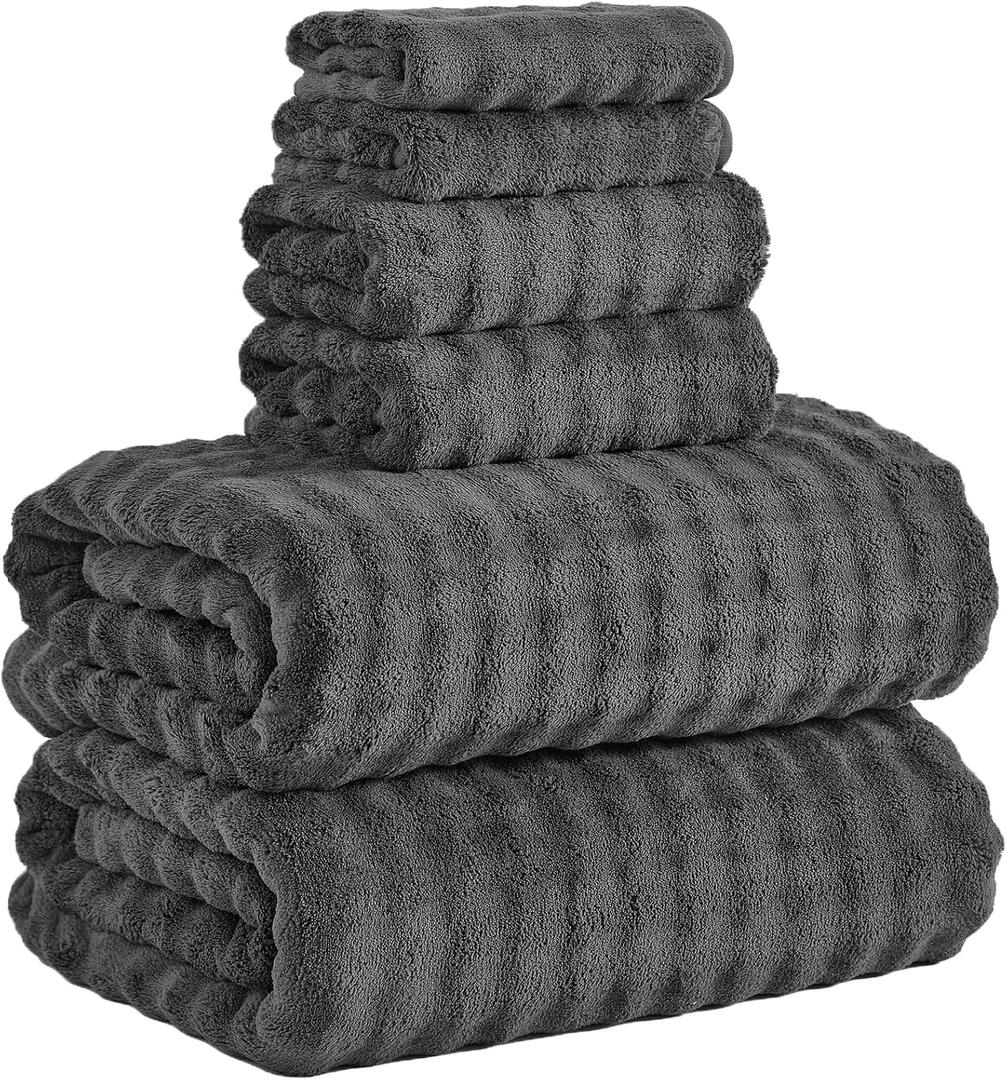 KBY Bath Towels Set 6 Piece 40x80 Inches2 Extra Large Bath Sheets 2 Hand Towels 2 WashclothsHighly Absorbent Quick Dry Microfiber,Ultra Soft Towel Set for BathroomSpaGym Hotel, Charcoal Gray