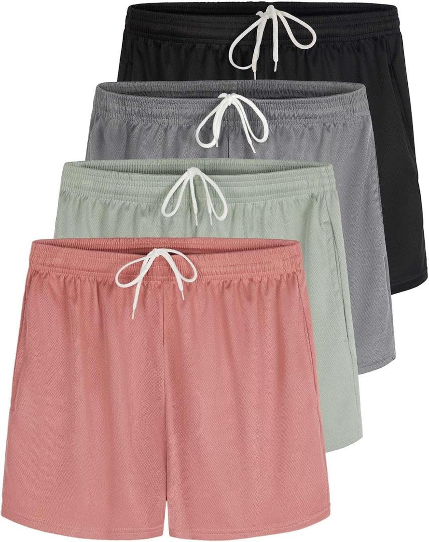 Real Essentials 4 Pack: Girl's Mesh Athletic Running Shorts with Pockets Teens Kids Youth Performance Gym Basketball - Set 7, XL (14-16)