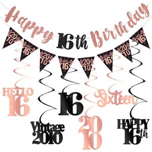 16th Birthday Decorations for Girls, Black Rose Gold Happy 16th Birthday Banner Vintage 2010 Hello 16 Decorations Kit Hanging Swirls Sixteen Year old Bday Party Supplies