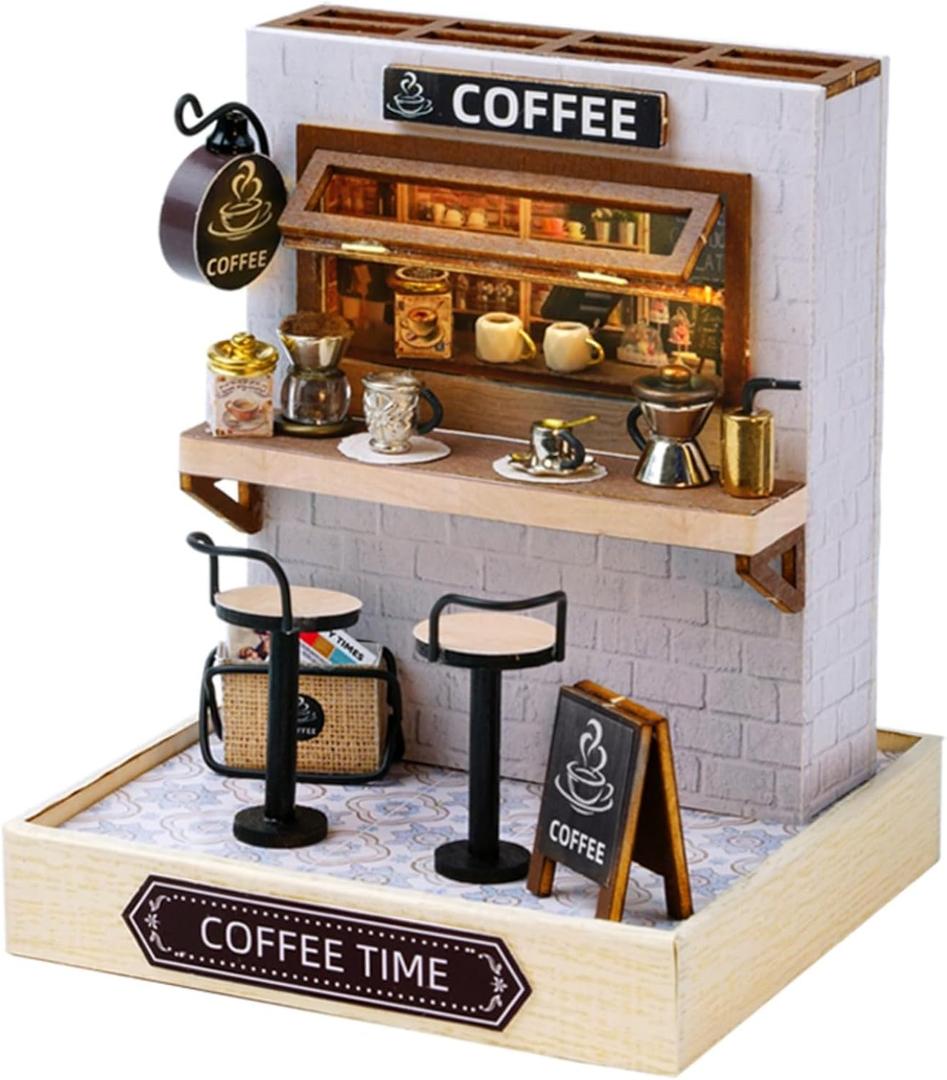 OZJAY DIY Miniature House Kit with Dust Proof Cover, 1:24 Scale Creative Room Mini DIY Wooden Dollhouse Miniature Kit for Adults Teen - Coffee Time