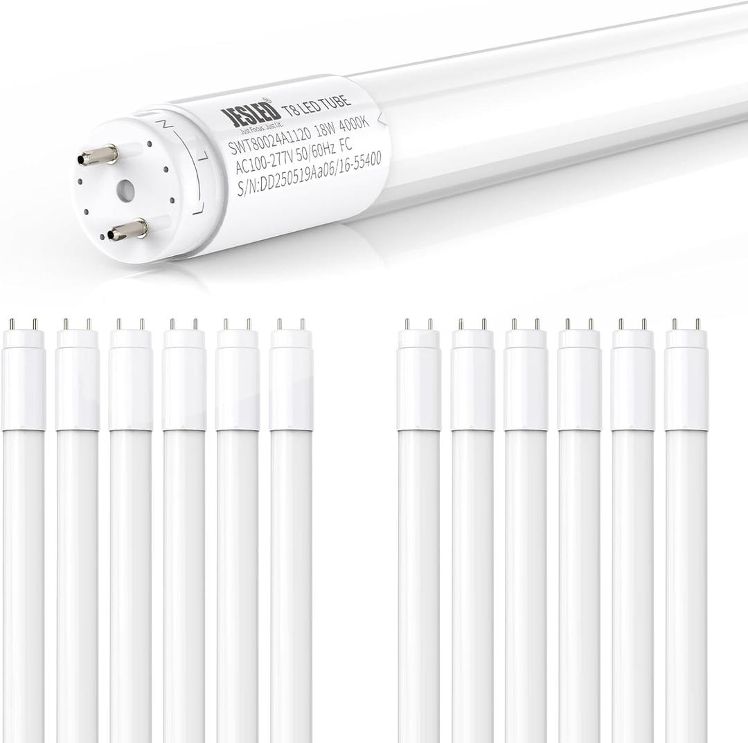 JESLED 4FT T8 LED Bulbs 12 Pack, 18W 2400LM 4000K Neutral White, Hybrid Type A+B Plug and Play or Ballast Bypass, T10 T12 Fluorescent Bulbs Replacement, Single/Double End Powered, ETL