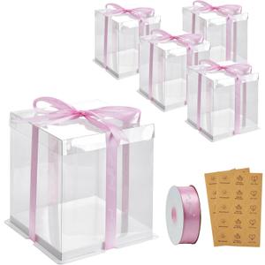 8x8x10Inch Tall Cake Boxes, 5 Pack Bakery Boxes for Tier Cakes, Disposable Cake Bakery Box with ribbon, Clear Cake Box for Pastry Wedding Birthday