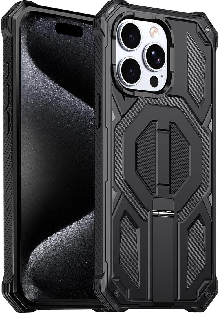 for iPhone 15 Pro Magnetic Case with Screen Protectors, Black | Compatible with MagSafe, Concealed Kickstand, 2 Pack Screen Protectors, Military Grade, Double Layer, Shockproof Protection