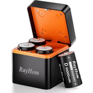 Rechargeable D Batteries with Charger, 4Pack 10000mAh NiMH D Cell Batteries, Low Self Discharge, 4 Slot NiMH Battery Charger with Type-C Input