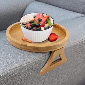 Bamboo Sofa Arm Tray,Foldable Sofa Armrest Clip-On Tray Suitble for 4"-9" Armrest,Circle Sofa Arm Table for Snacks/Drinks/Fruit/Dessert/Rmote (9.49x8.86x3.54 inch)