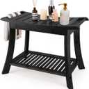 VVW Bamboo Shower Bench & Stool with Storage Shelf, Bath Benches for Inside Shower, Bathroom Stools 2-Tier Spa Seat for Adults Elderly (Black)