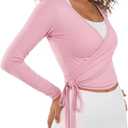 Women Ballet Pilates Wrap Tops Long Sleeve Tie Front Crop Shirts Y2K Dance Workout Yoga Going Out Tops (Pink, M)