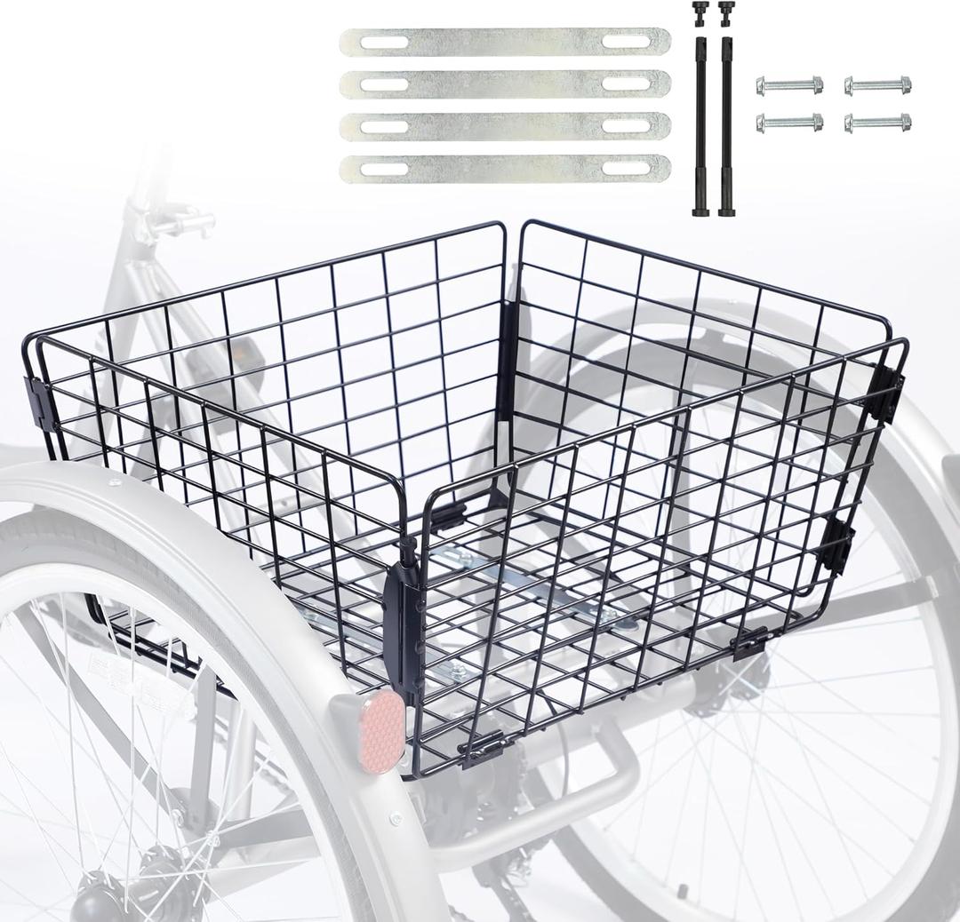 Tricycle Rear Basket Folding Large Capacity Basket Steel Basket for 20 24 26 Inch Tricycles Trike, Black