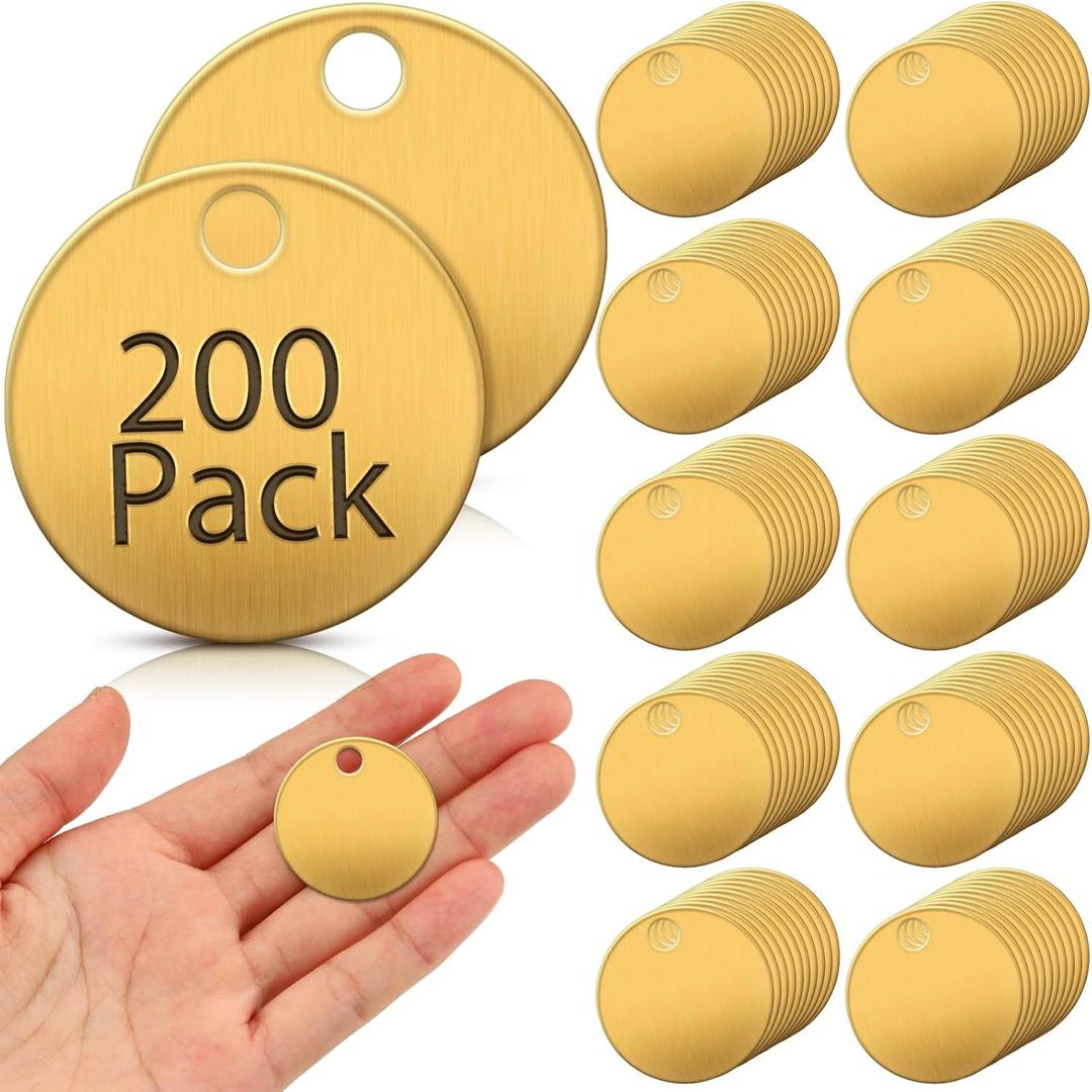 Hicarer 200 Pcs Solid Tags for Stamping Round Key Tags Blanks with Hole for Pets Plants Doors Pipe Valves Equipment Tool and Keys Labeling (Brass,1.25 Inch)