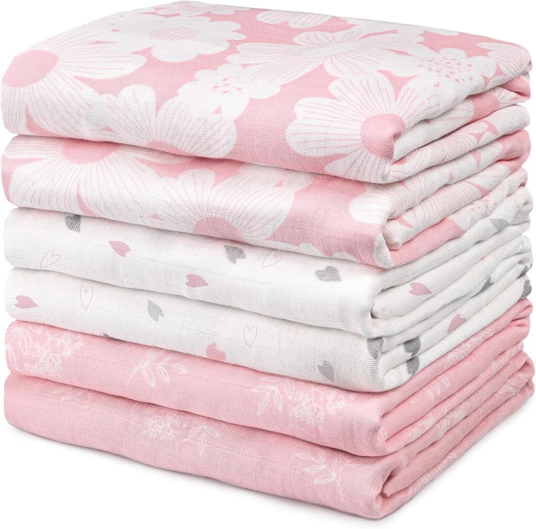 GLLQUEN BABY Receiving Blanket Boy Cotton Muslin Swaddle Blankets Girl Newborn Squares Breathable & Soft Thin Baby Blankets Cloths Double Absorbent Infant Swaddling Wrap - 6 Pack (Rosebud)