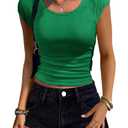 Women Shirts Crew Neck Ribbed Slim Fitted Side Ruched Basic Tops for Woman Cap Sleeve Summer Casual T Shirts Green XL (Green, XL)