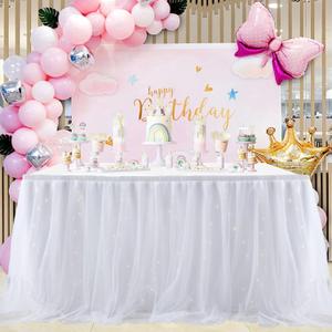 Albassa White Tulle Table Skirt for Rectangle or Round Tables 6ft Tutu Table Skirt Tutu Table Cloths for Princess Baby Shower