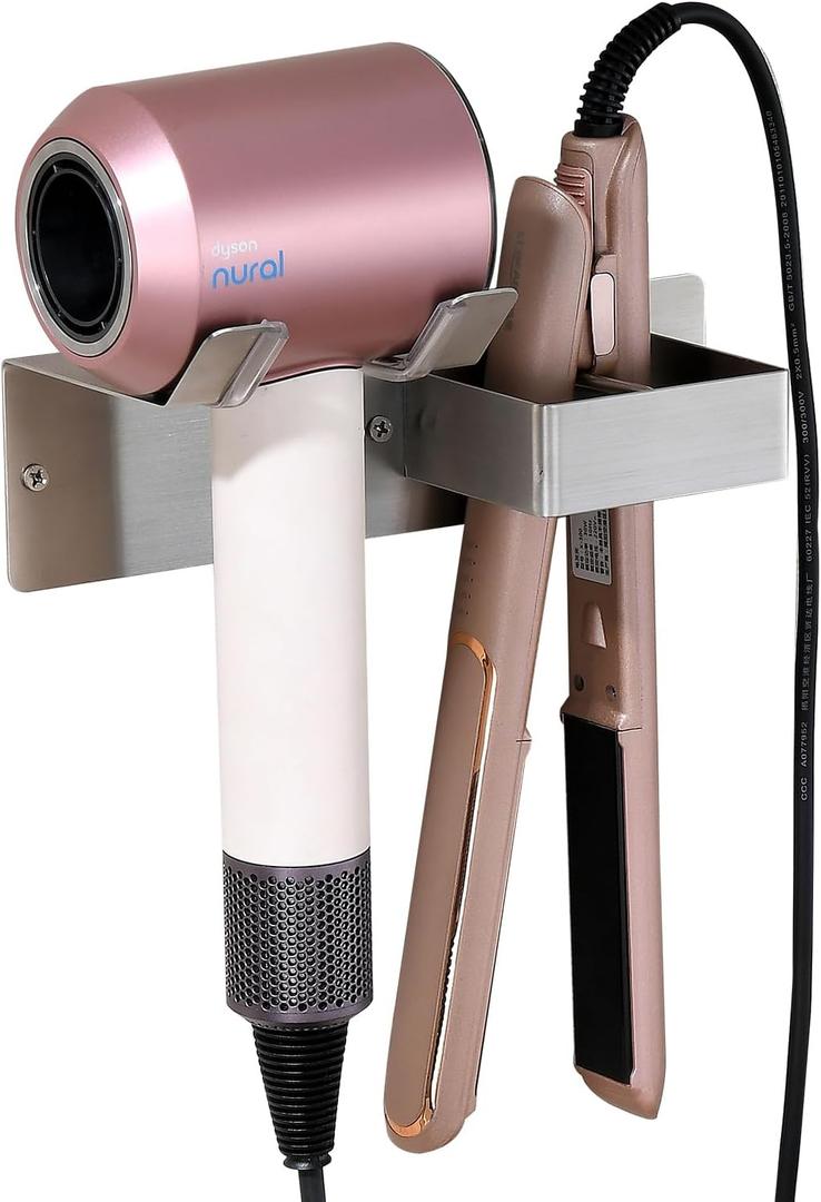 Hair Dryer Holder Wall Mounted, Stainless Steel Blow Dryer Holder for Bathroom, Hair Dryer and Straightener Holder Adhesive or Drilling, Hair Tool Organizer for Salon Barber Shops Banjekt (Silver)