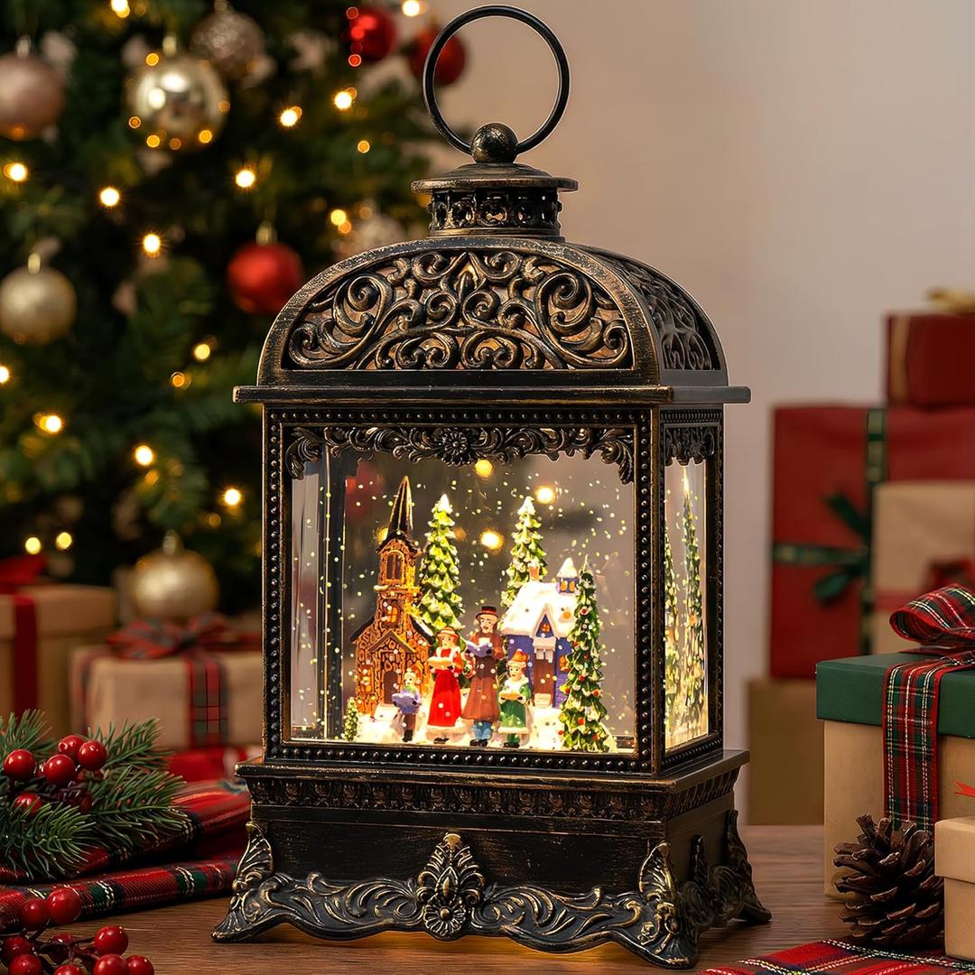 Christmas Village Snow Globe, Lighted Church Family Choir Scene, Musical Snow Water Lantern Swirling Glittering Holiday Decoration and Gift for Family Children or Friends