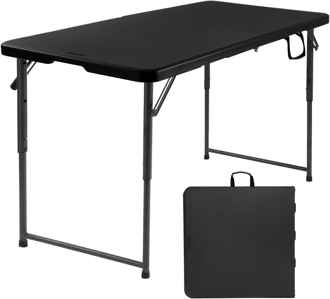 Byliable Folding Table 4 Foot, Heavy Duty Portable Plastic Fold-in-Half Utility 4ft Folding Table with Carrying Handle for Indoor Outdoor, Camping Picnic Party, Black