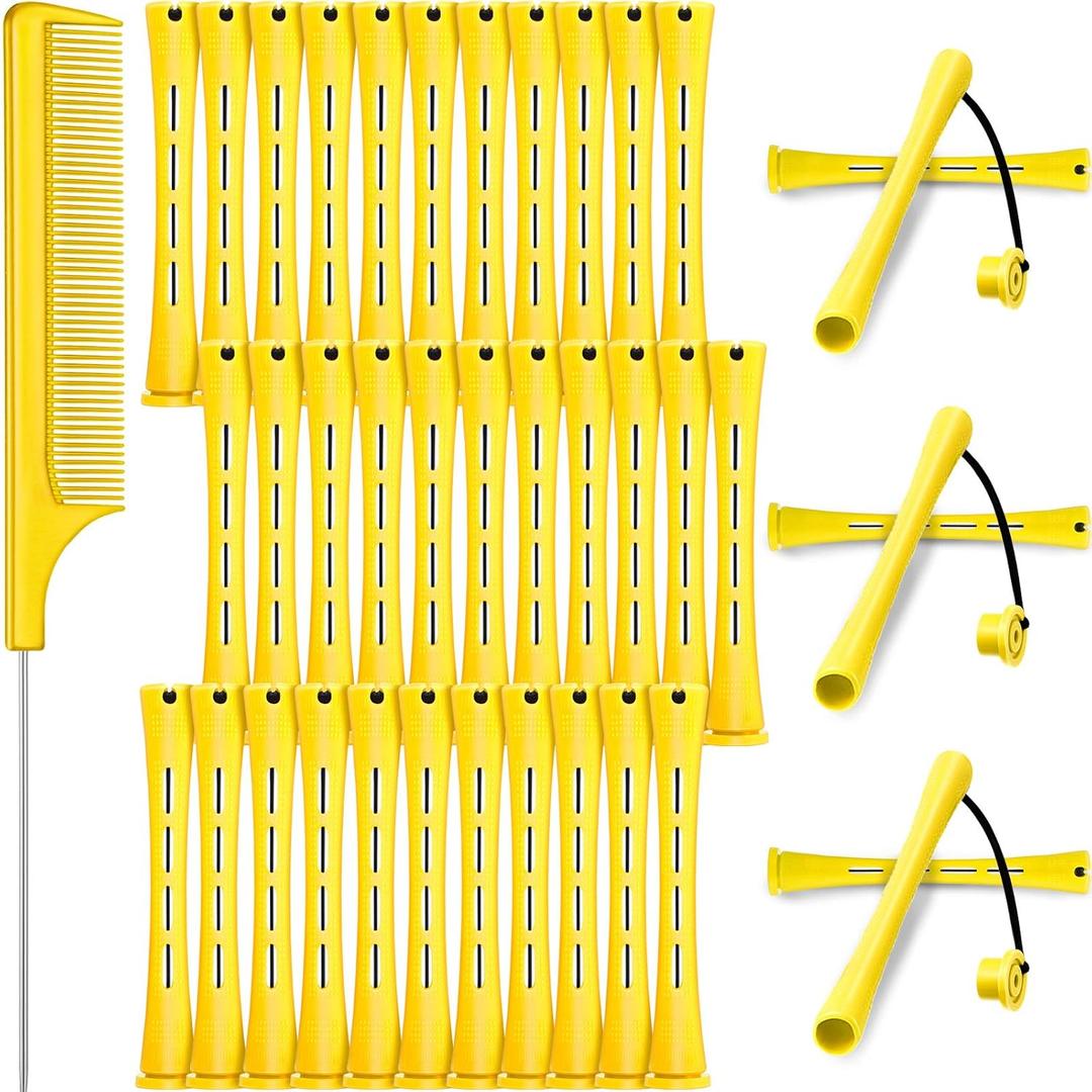 WILLBOND 36 Pieces Cold Wave Rod Hair Perm Rods Hair Rollers Perming Curlers with Steel Rat Tail Comb for Hairdressing Styling (0.28 Inch (Pack of 36), Yellow)