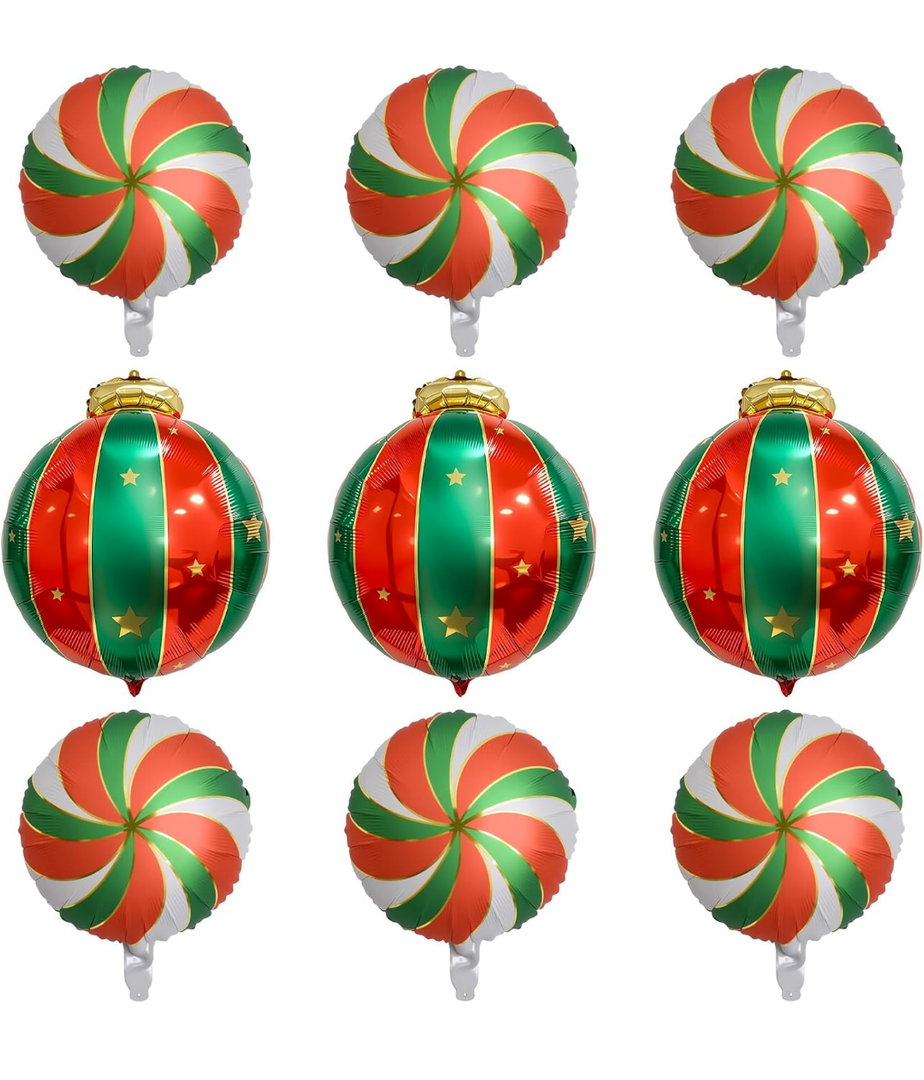 9PCS Christmas Balloon Decorations Set, Round Candy Lollipop Foil Balloon, Hanging Balls Balloons for Xmas Party, Holiday Home & Event Decoration
