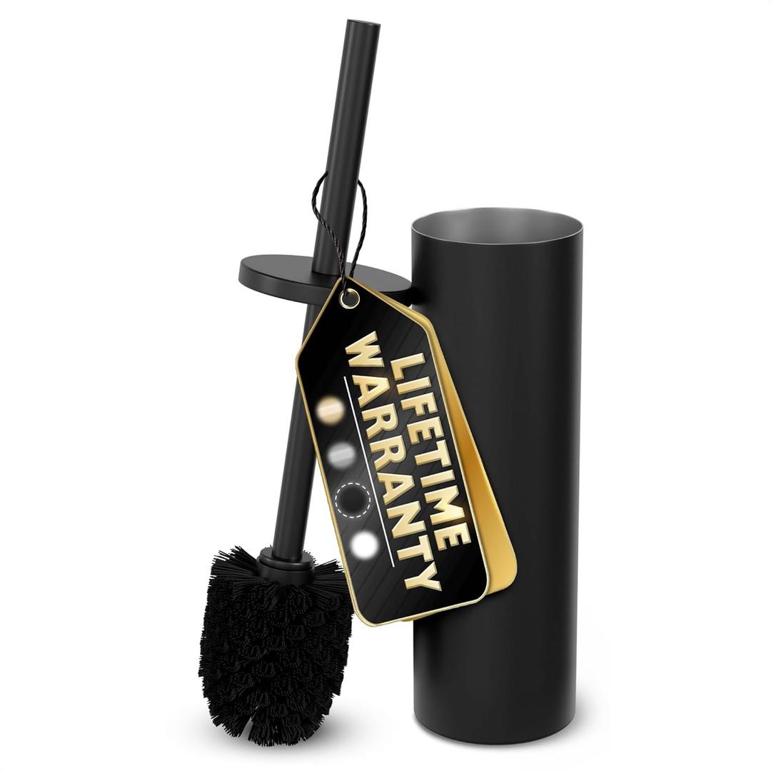Black Toilet Brush and Holder Set - Scratch Resistant Black Toilet Bowl Brush and Holder with Soft Bristles Replaceable Head, Protection from Splashes, and Compact Design - for Effective Cleaning (Black Round Floor-type)