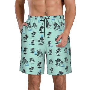 Teal Blue Mens Swim Trunks with Liner Pockets 9" Quick Dry Beach Shorts Tropical Tree Bathing Suit Swimwear, XL