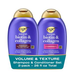 OGX Thick & Full + Biotin and Collagen for Hair Volume & Body, Sulfate Free Volumizing Shampoo & Conditioner Set for Fine & Thinning Hair, Nutrient-Infused, Vitamin B7, 13 fl. oz, 2 Pack