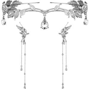 Glenmal 3 Pcs Elf Ear Cuffs and Crown Halloween Rhinestone Leaf Headband Fairy Ear Cuffs Princess Cosplay Costume for Women (1 Count (Pack of 2), Silver)
