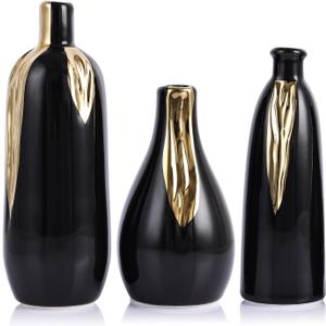 LCCCK Black and Gold Mini Ceramic Vase Set of 3, Small Ceramic Vase Set for Decorative, Bud Vases for Centerpieces Nightstand Kitchen, Boho Farmhouse Home Coffee Table Tray Decor
