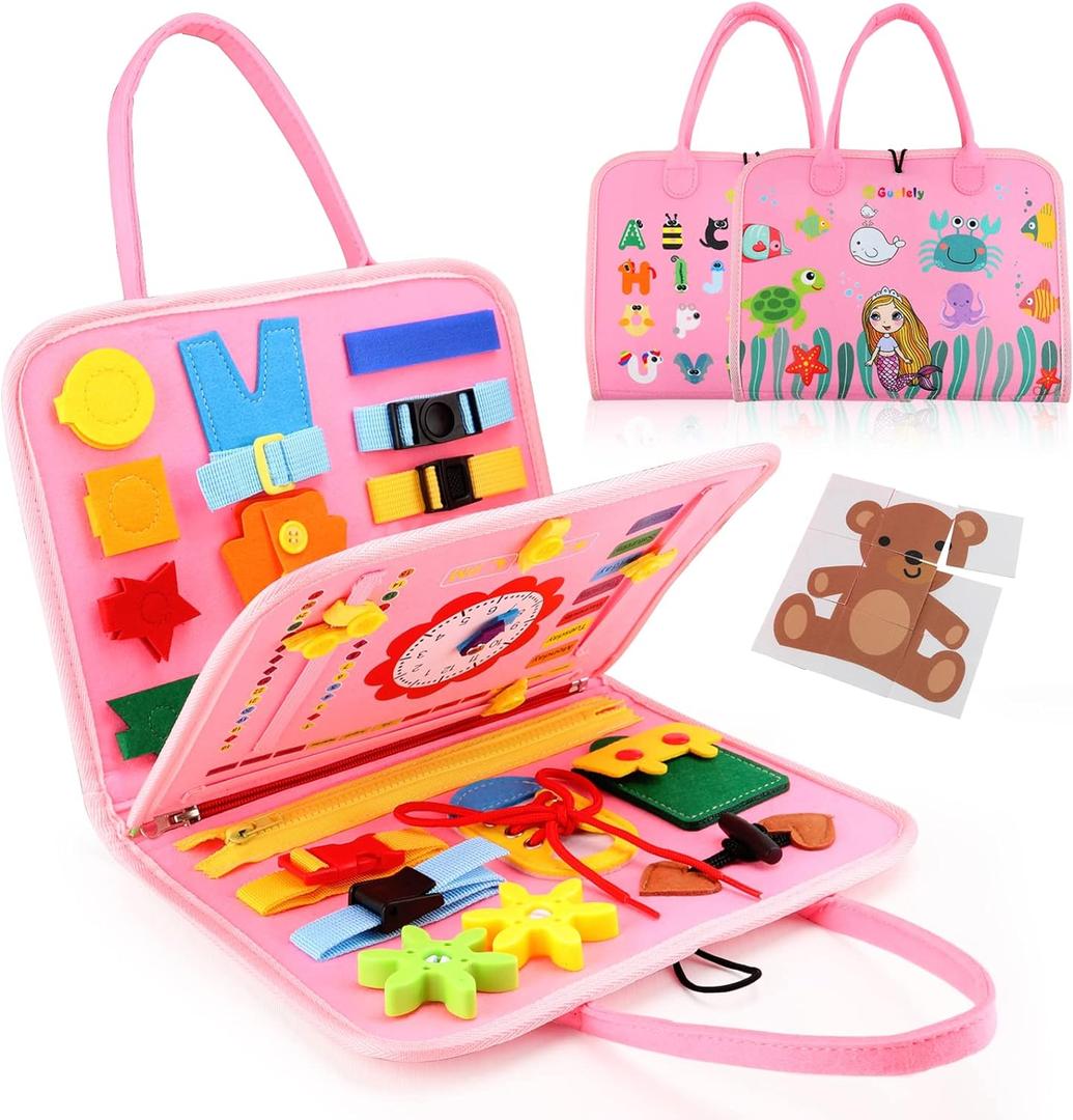 Guolely Busy Board Montessori Toy for 1 2 3 4 Year Old Toddlers - Educational Activity Developing Sensory Board for Basic Dress Fine Motor Skills - Travel Toys for Plane Car, Gift for Boys Girls (Pink)