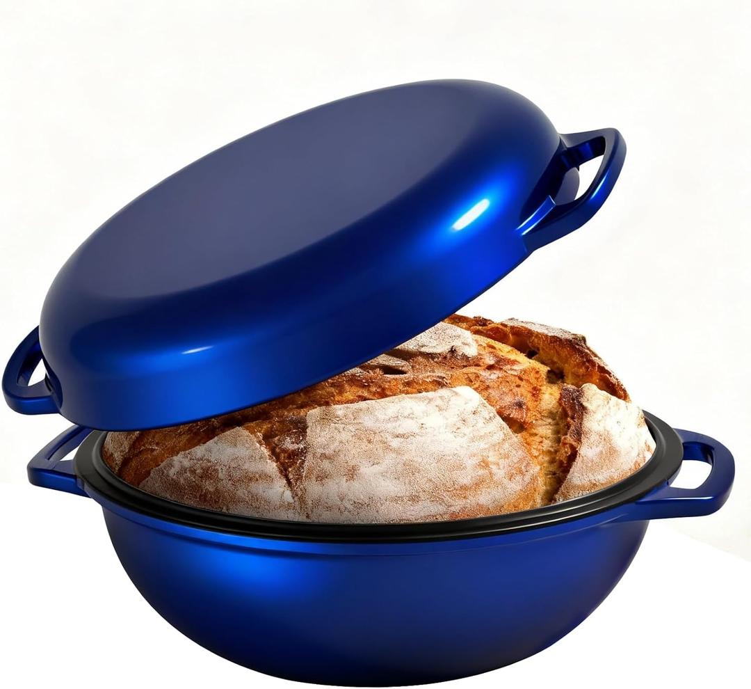 2-in-1 Multifunctional Enameled Cast Iron Dutch Oven, 6QT Loaf Pan with Dual Handles, Perfect for Baking Sourdough, Roasting, Braising & Stews, Oven & Stovetop Safe, Easy to Clean & Pre-Seasoned (Blue)
