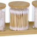 Qtip Holder with Vanity Tray, 3 Pack Glass Apothecary Jars with Lids, Bathroom Accessories Canisters Organizers Jars Containers for Cotton Ball Round Swab Pad Hair Ties Floss Perfume Jewelry