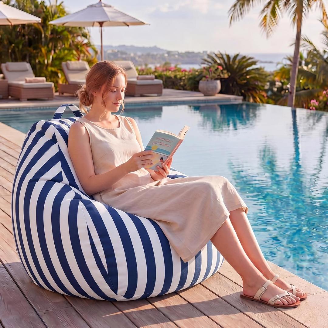 Outdoor Bean Bag Chair, Pear Shaped Outdoor Beanbag Sofa Waterproof Sunproof Breathable Fabric Patio Chair for Home Patio Poolside Dorms 29 x 29 x 27 Inches(Blue White Stripes), 29.13 x 29.13 x 27.17 inches