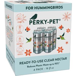 Perky-Pet 522 Ready-to-Use Clear Hummingbird Nectar in Recyclable Aluminum Can - 4 Cans, 16 oz Each - 64 Fl oz Perky-Pet 522 Ready-to-Use Clear Hummingbird Nectar in Recyclable Aluminum Can - 4 Cans, 16 oz Each - 64 Fl oz