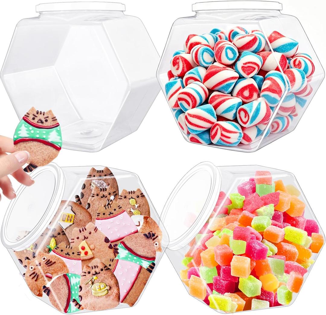 3 Pack Hexagon Plastic Candy Jars,72oz Clear Cookie Jar with Lid for Dry Food,Snacks,Candies,Cookies,Dog Treats,Laundry Pods,Coffee Pods,Craft Supplies, 6.5 x 7 inches