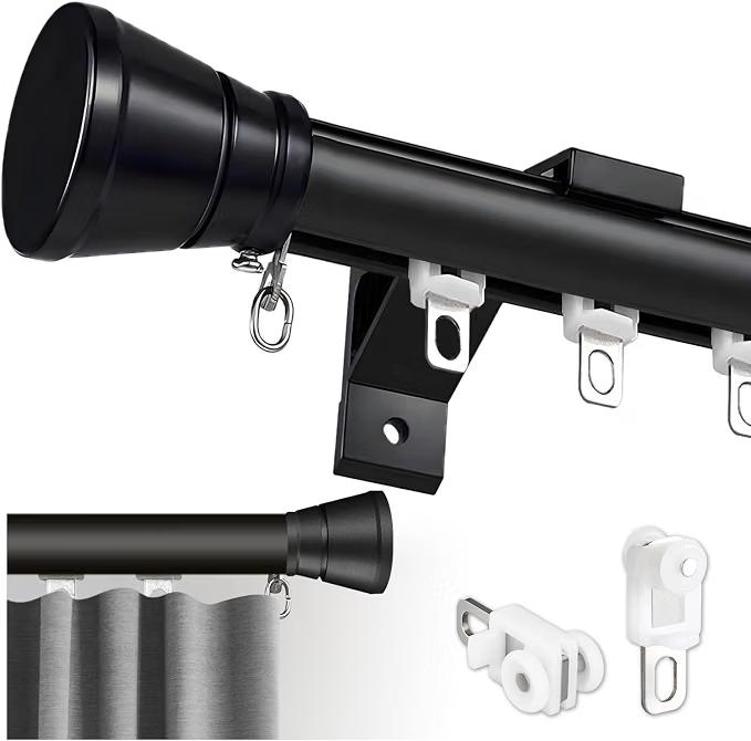 Single Curtain Track for Windows, 2m(6.6ft) Wall Mounted Heavy Duty Decorative Curtain rail with End Caps, Aluminum Brackets, Silent Wheels Easy to Install for Bedroom Living Room（Black）