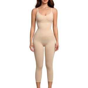 Women Open Bust Bodysuit Seamless Tummy Control Full Body Shaper Shapewear Capri Butt Lifter Thigh Slimmer (Beige, S)