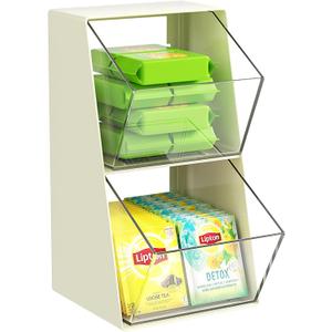 Acrylic Tea Bag & K Cup Organizer with 2 Transparent Drawers - Compact Multi-Use Storage for Coffee Pods, Sugar Packs - Kitchen & Office Counter Organizer - White