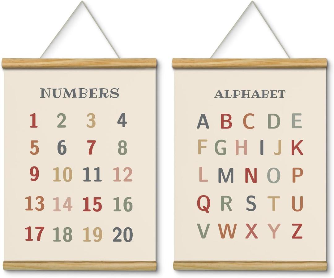 VIYYIEA Nursery Wall Decor Art Paintings, Educational Posters For Toddlers 1-3, Preschool Learning Hanging Charts, Kids Playroom Prints, Homeschooling Supplies of 'Alphabet & Numbers' -(16"x12"-2)