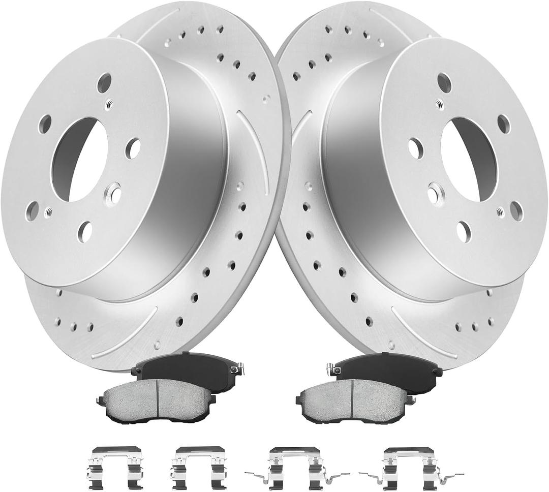 MOTOREVO Rear Brake Rotors Kit for Camry [2012-2017] [280.9mm 11.1in] High-Carbon Alloy Drilled & Slotted Brake Pads and Rotors Kit| Enhanced Braking Performance|GEOMET Coated App Universal