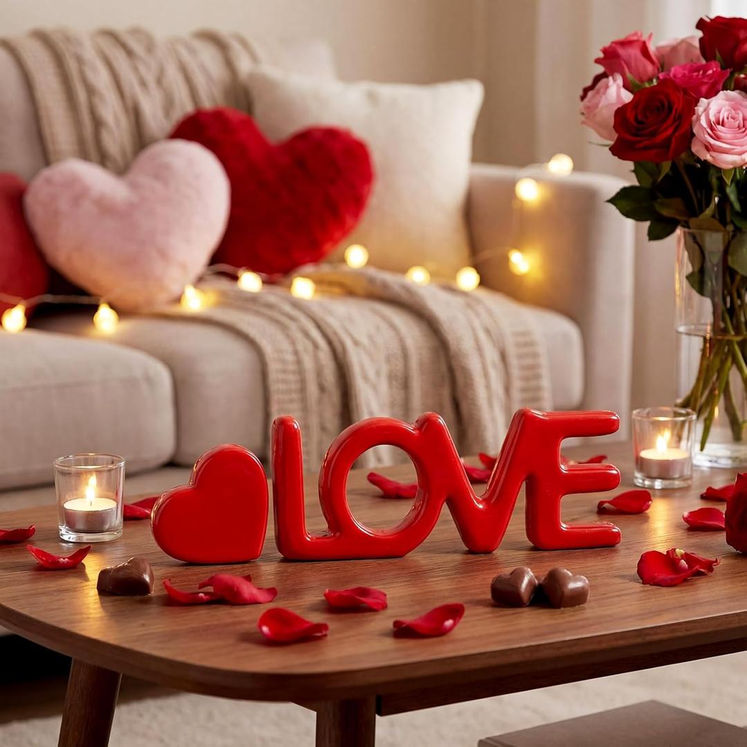 2 Sets Resin Love Sign Valentines Table Decorations Love Letter Red Heart Table Centerpiece Decorative Sculpture Figurine for Shelf Home Office Mantel Party