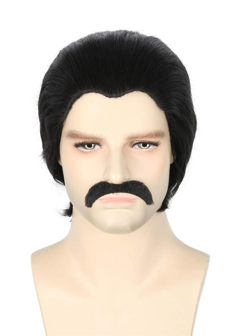 Topcosplay Men Wigs Black Short Cosplay Halloween Costume Party Slicked-back Wig with Mustache
